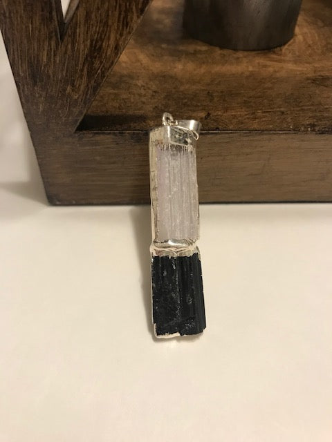 Selenite and Black Tourmaline Pendant